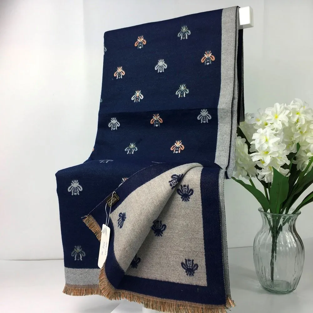 224-201-Bee Print Winter Scarf- Navy & Grey