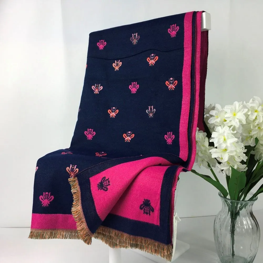 224-201-Bee Print Winter Scarf- Navy & Pink