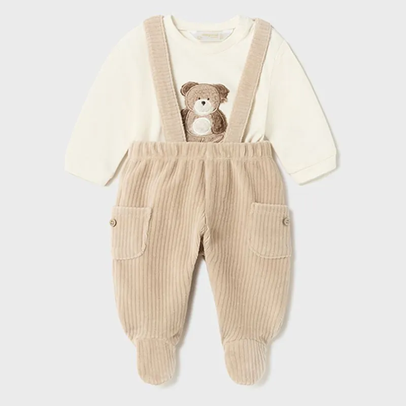 Beige Bear Graphic Overalls Outfit