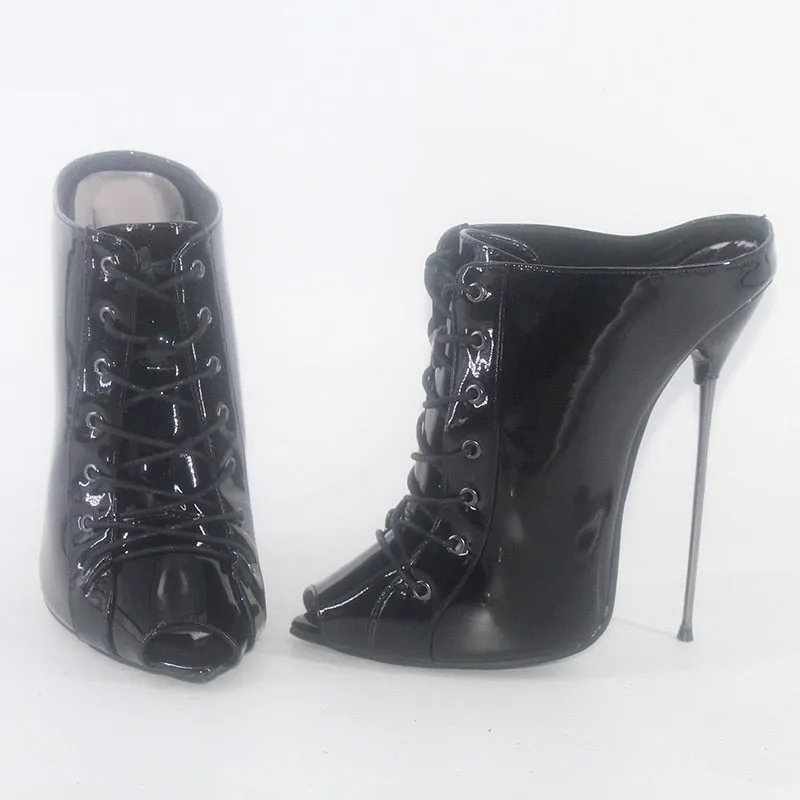 Black Shiny 16cm Ultra Thin Metal Heels Patent Leather Peep Toe Ankle Boots