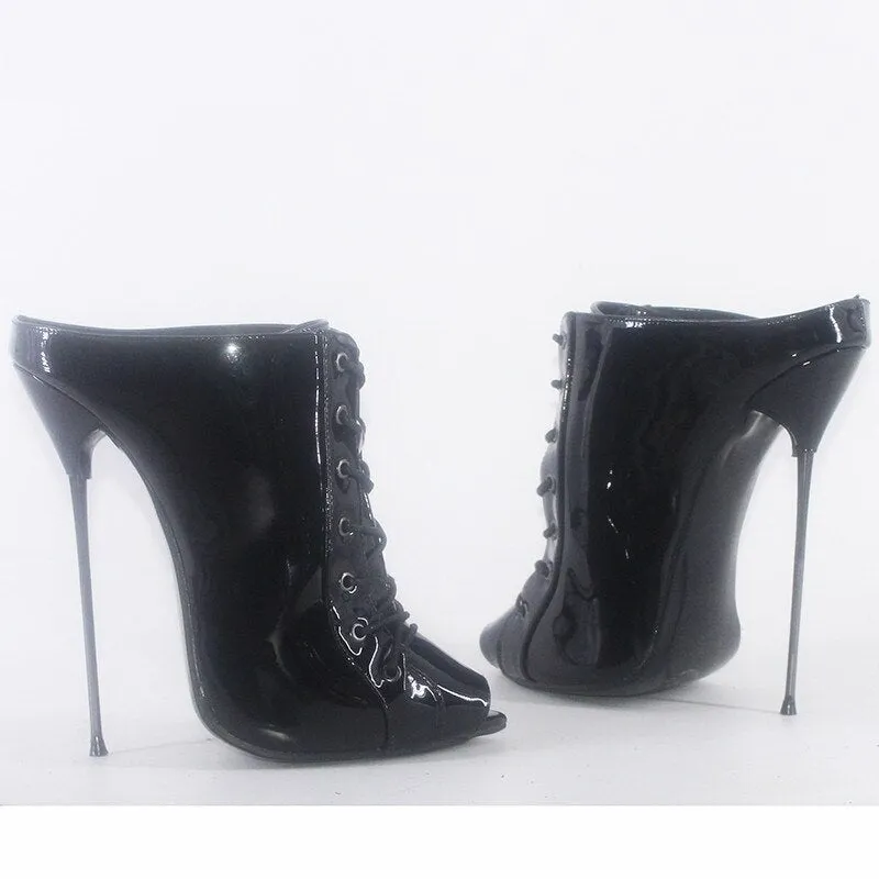 Black Shiny 16cm Ultra Thin Metal Heels Patent Leather Peep Toe Ankle Boots