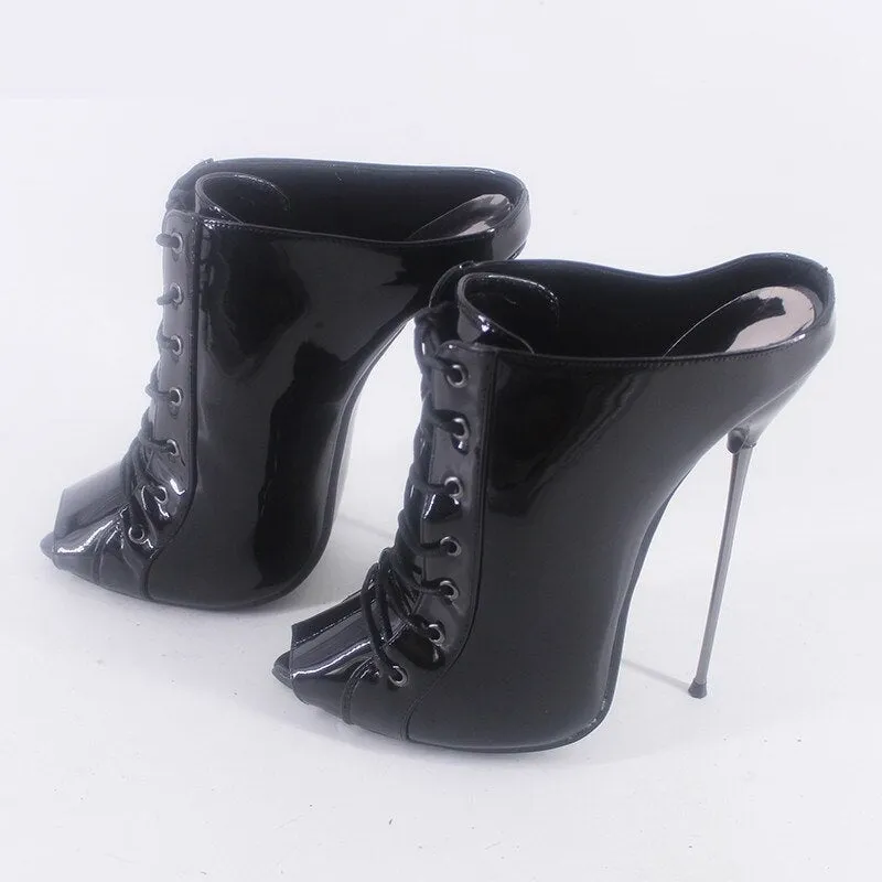 Black Shiny 16cm Ultra Thin Metal Heels Patent Leather Peep Toe Ankle Boots