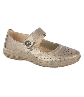 Boulevard Womens/Ladies Wide Fitting Touch Fastening Perforated Bar Shoes (Bronze) - UTDF419