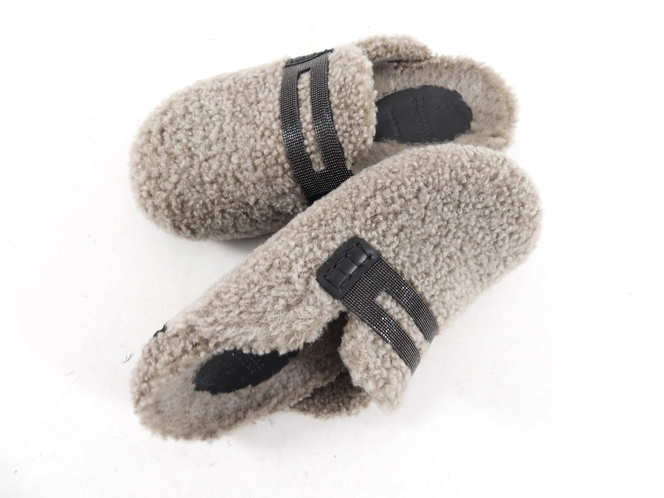 Brunello Cucinelli Grey Shearling Monili Slippers - 36.5