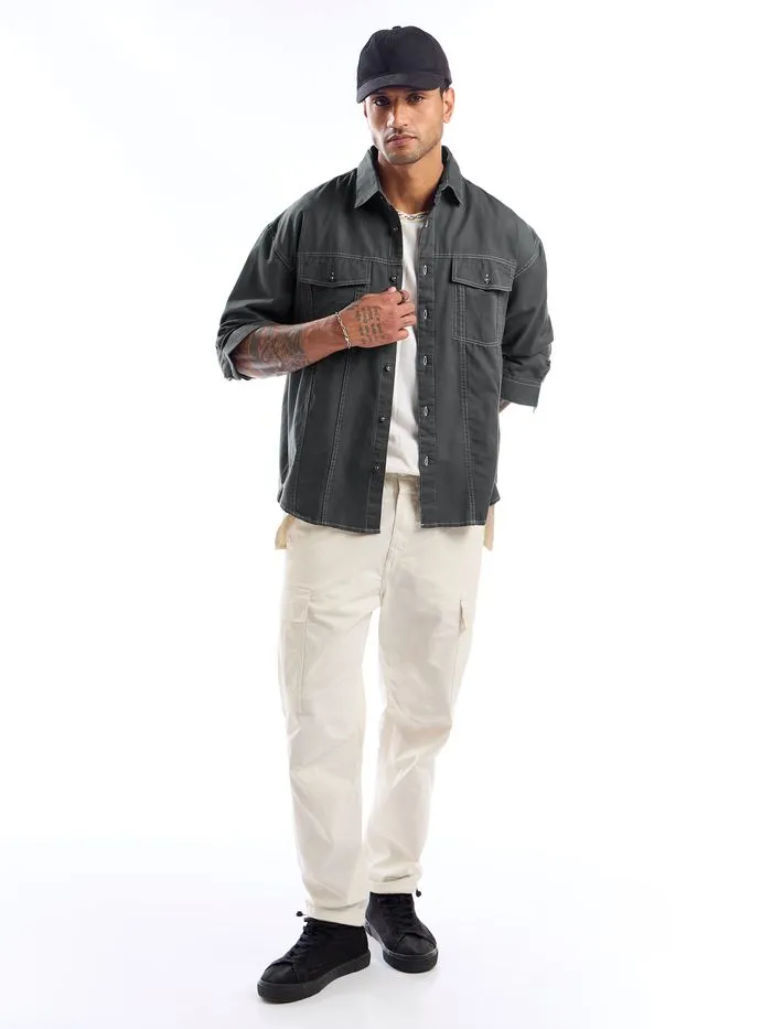 Buy Dark Grey Contrast Stitch Jacket Shirt for Men Online in India -Beyoung