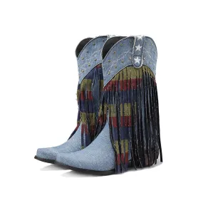 Cowboy Cowgirl Boots  Women High Heeled Western Mid-calf Boots Pointed Toed Denim Fringe Star Embroidered Shoes