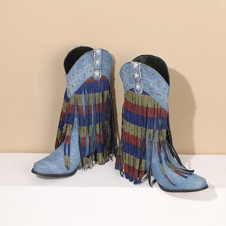 Cowboy Cowgirl Boots  Women High Heeled Western Mid-calf Boots Pointed Toed Denim Fringe Star Embroidered Shoes