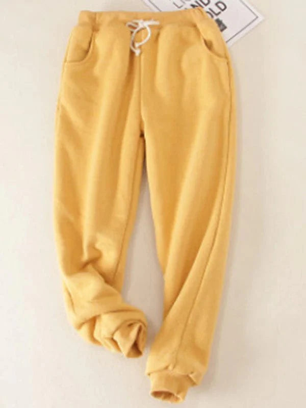 Cozy Women's Fleece Joggers with Cat Pattern - Black & Yellow S M