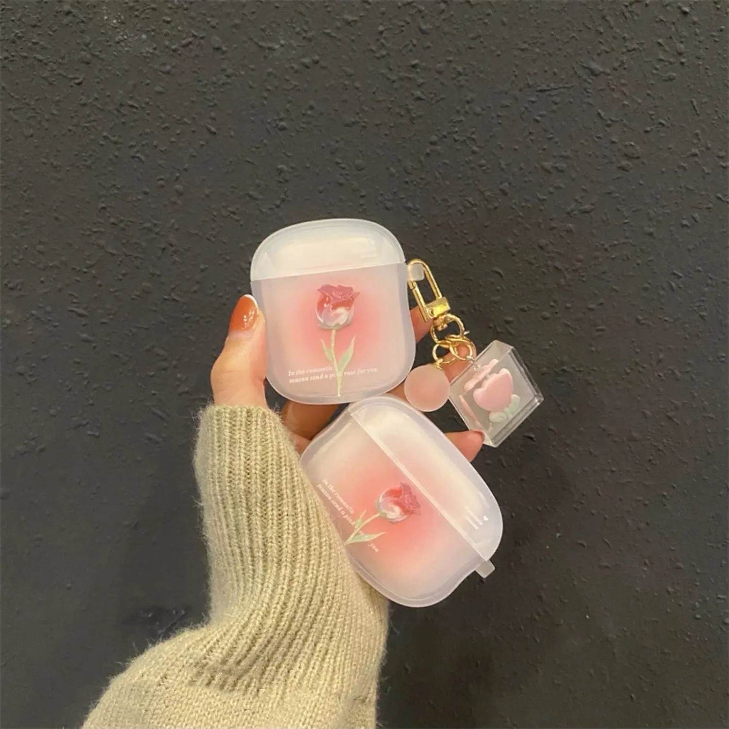 Cute Clear Gradient Pink Tulip Flower Print Protective Shockproof Cover AirPods Case + Carabiner Trinket for AirPods 1 2 3 Pro 2