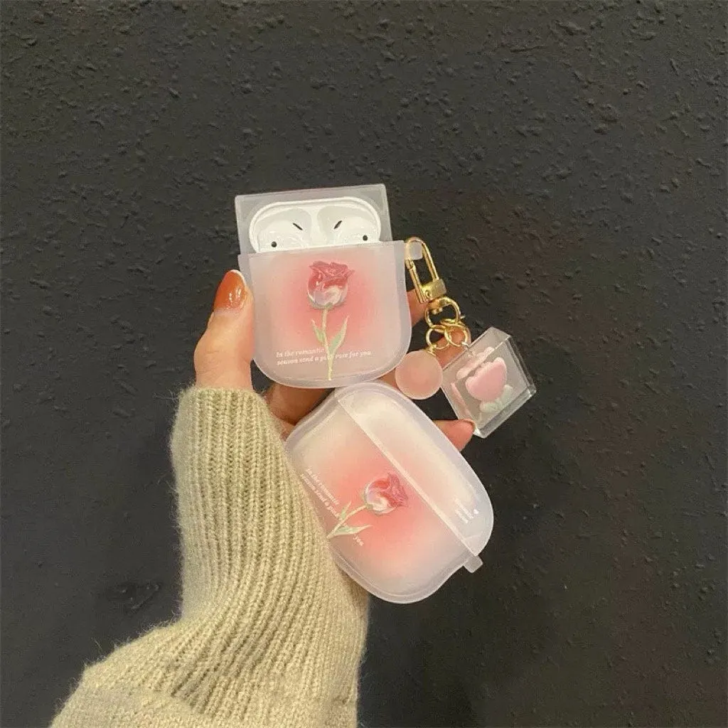 Cute Clear Gradient Pink Tulip Flower Print Protective Shockproof Cover AirPods Case + Carabiner Trinket for AirPods 1 2 3 Pro 2