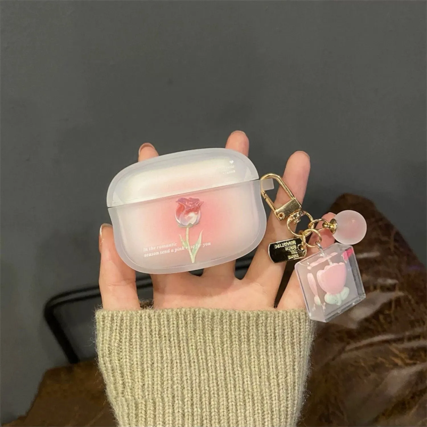 Cute Clear Gradient Pink Tulip Flower Print Protective Shockproof Cover AirPods Case + Carabiner Trinket for AirPods 1 2 3 Pro 2