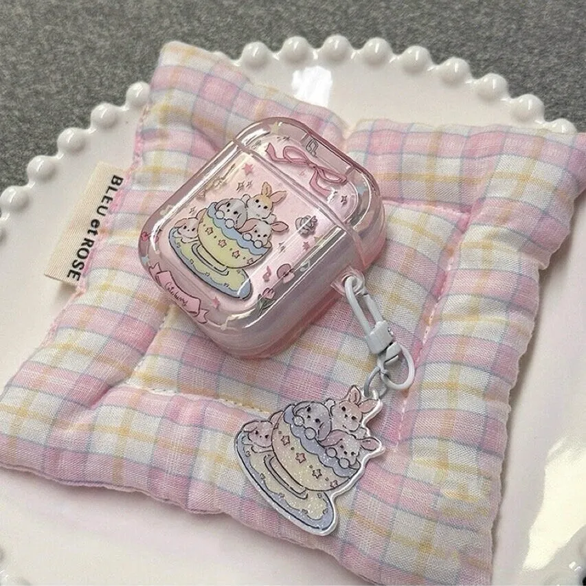 Cute Clear Pink Teacup Rabbit Cartoon Protective Cover AirPods Case + Bead Strap for AirPods 1 2 3 Pro 2 Generation Shockproof A