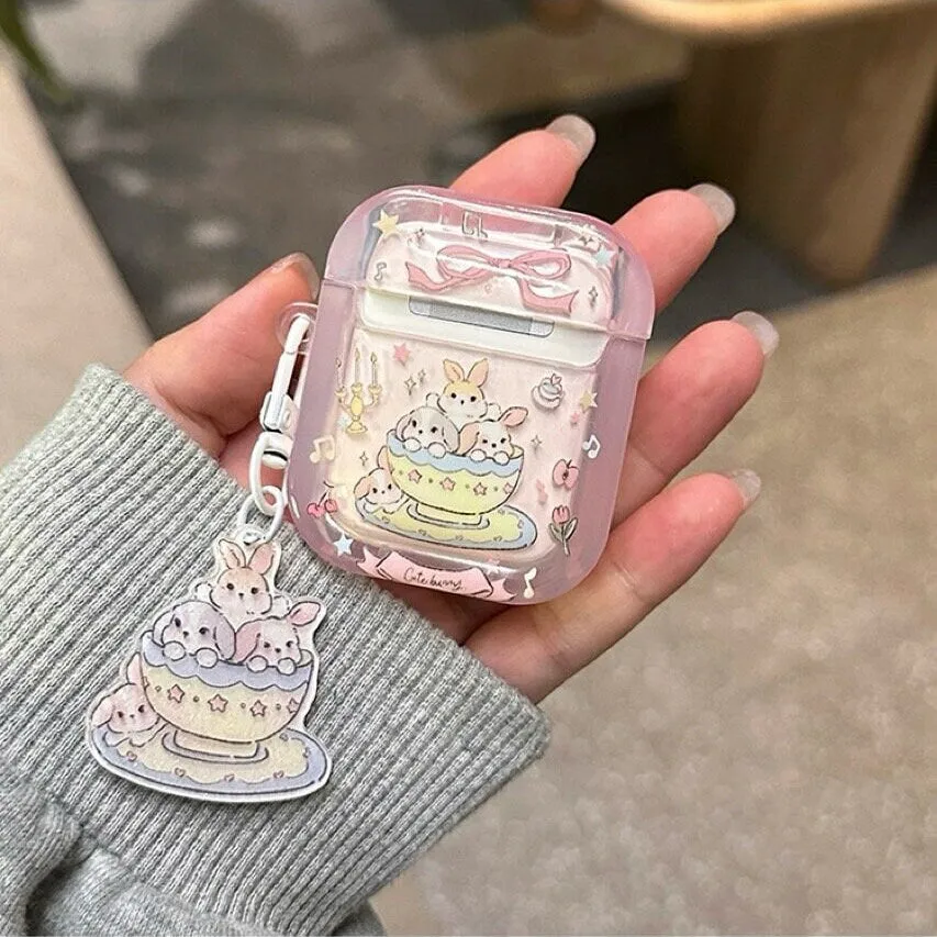 Cute Clear Pink Teacup Rabbit Cartoon Protective Cover AirPods Case + Bead Strap for AirPods 1 2 3 Pro 2 Generation Shockproof A