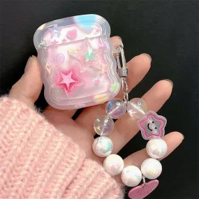 Cute Star Print Wave Shaped Protective Cover AirPods Case + Beaded Hand Strap for AirPods 1 2 3 Pro 2 Generation Shockproof AirP