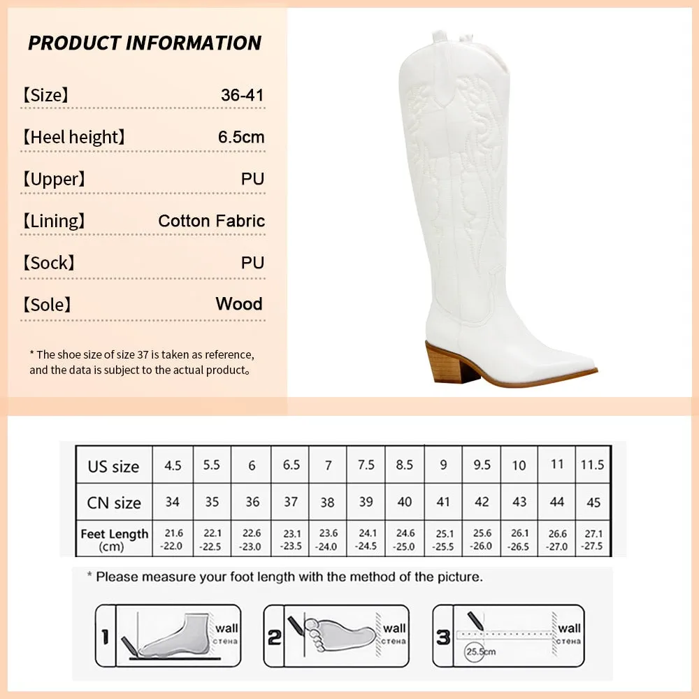 Embroidered Cowboy Boots for Women Knee High Midium Chunky Heel Pointed Toe Retro Classic Western Cowgirl Boots