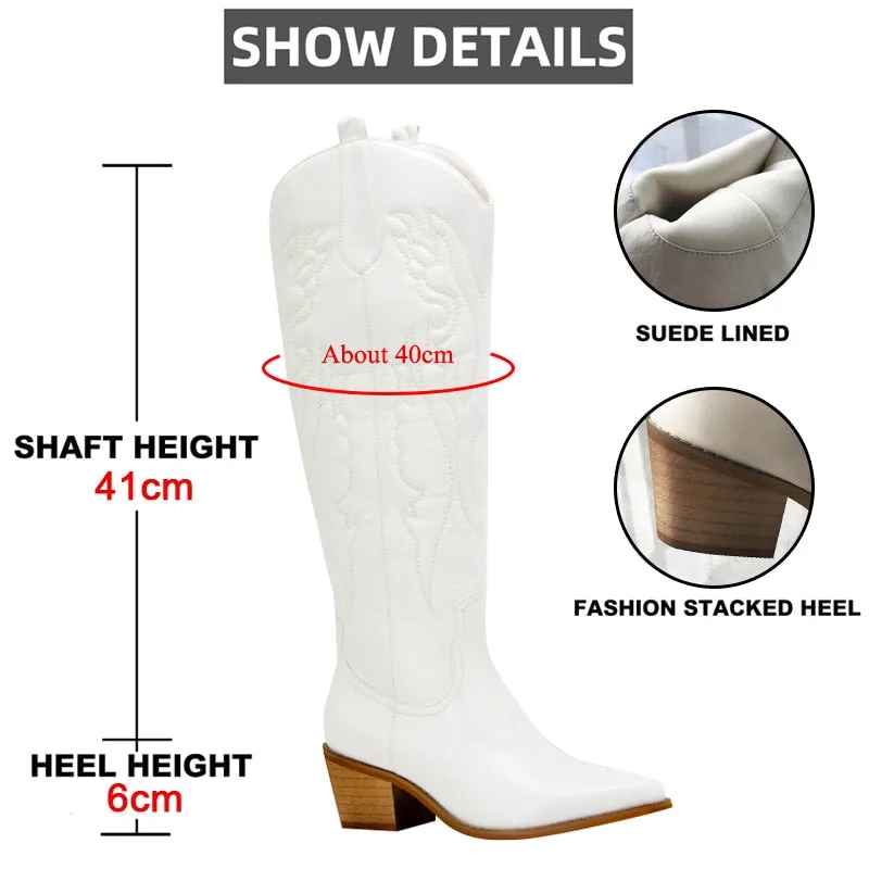 Embroidered Cowboy Boots for Women Knee High Midium Chunky Heel Pointed Toe Retro Classic Western Cowgirl Boots