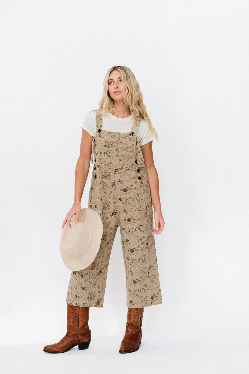 Frankie Twill Overalls in Khaki Floral