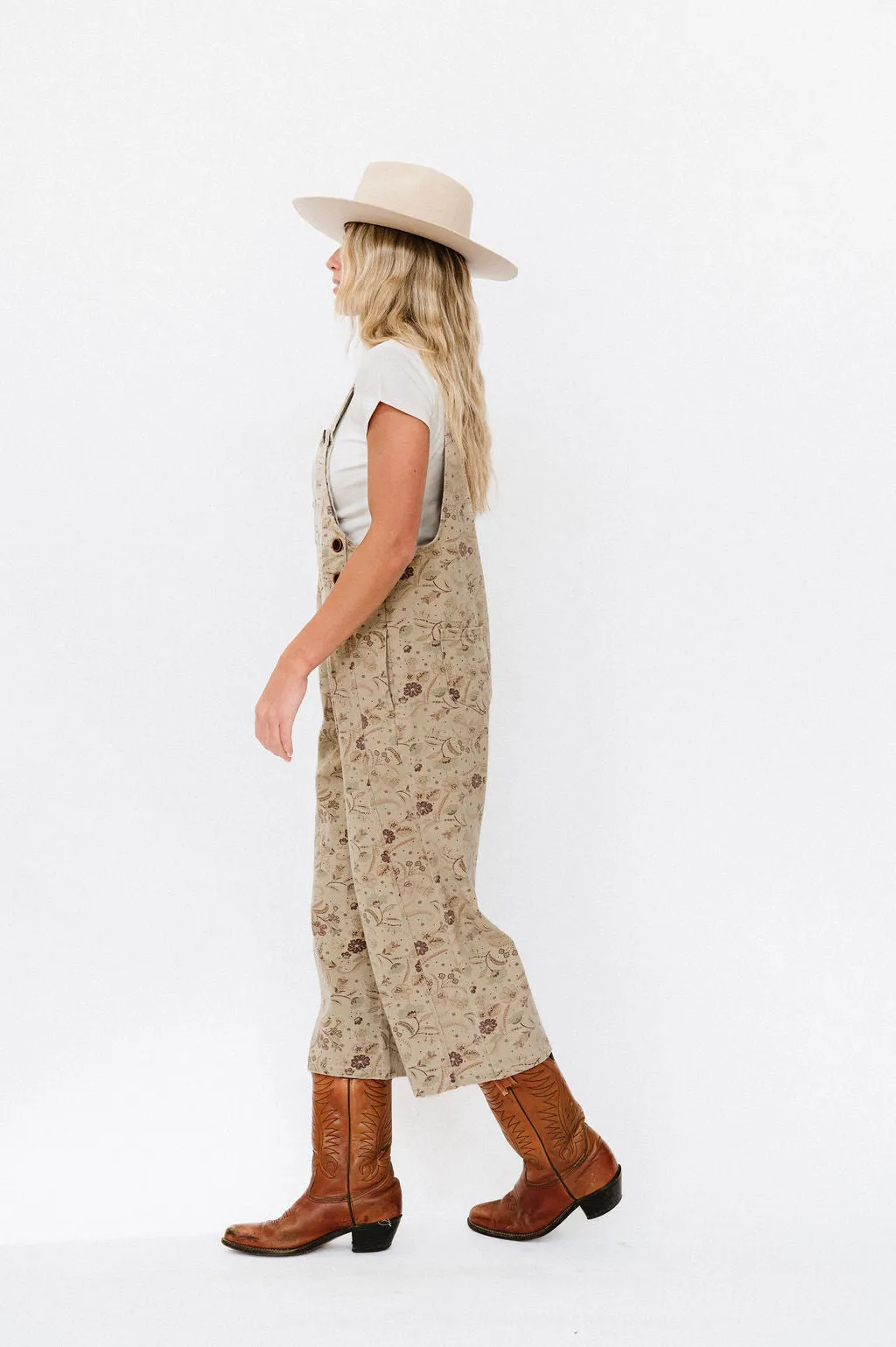 Frankie Twill Overalls in Khaki Floral