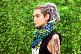 Green blue and yellow gradient leopard print cotton silk blend scarf