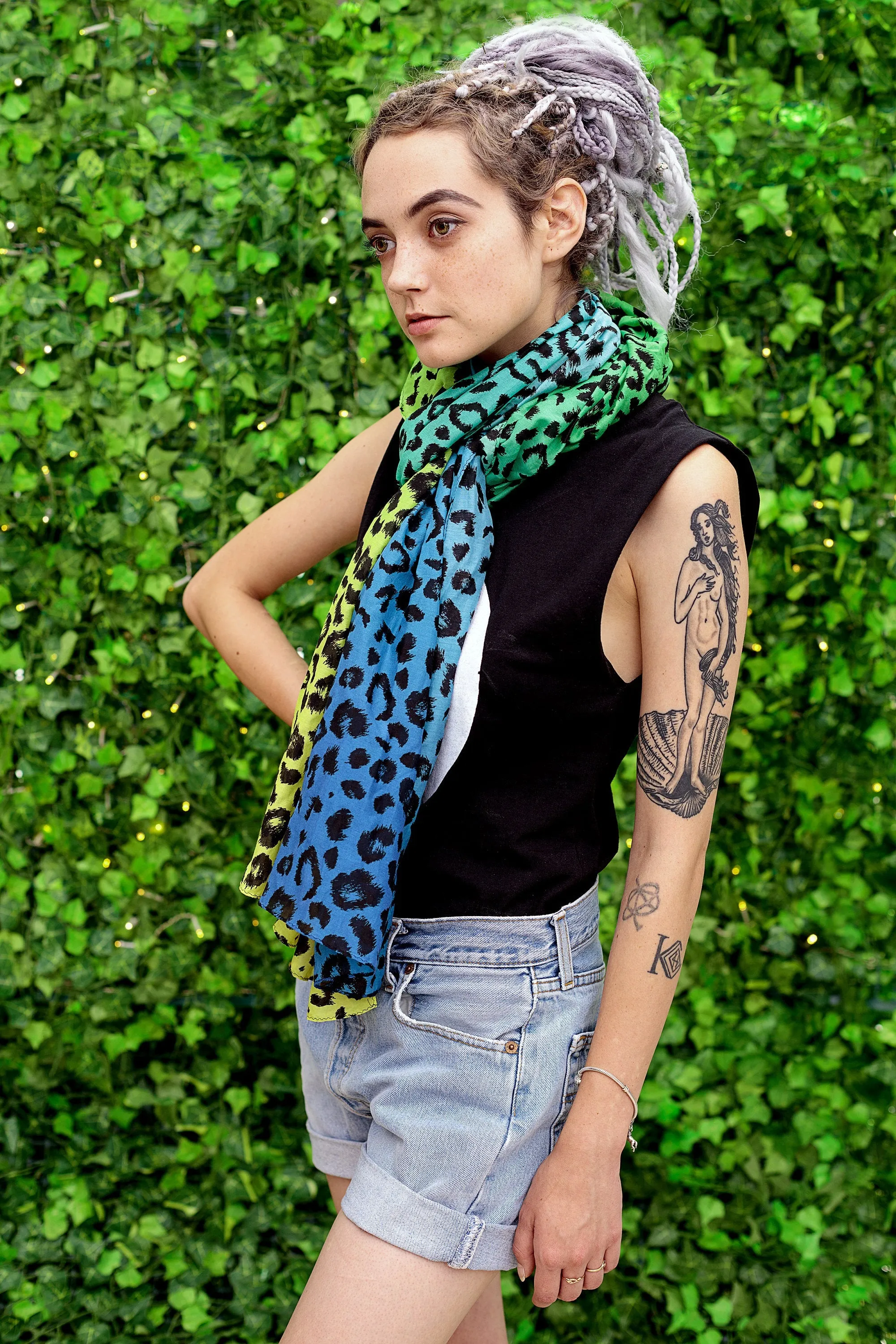 Green blue and yellow gradient leopard print cotton silk blend scarf