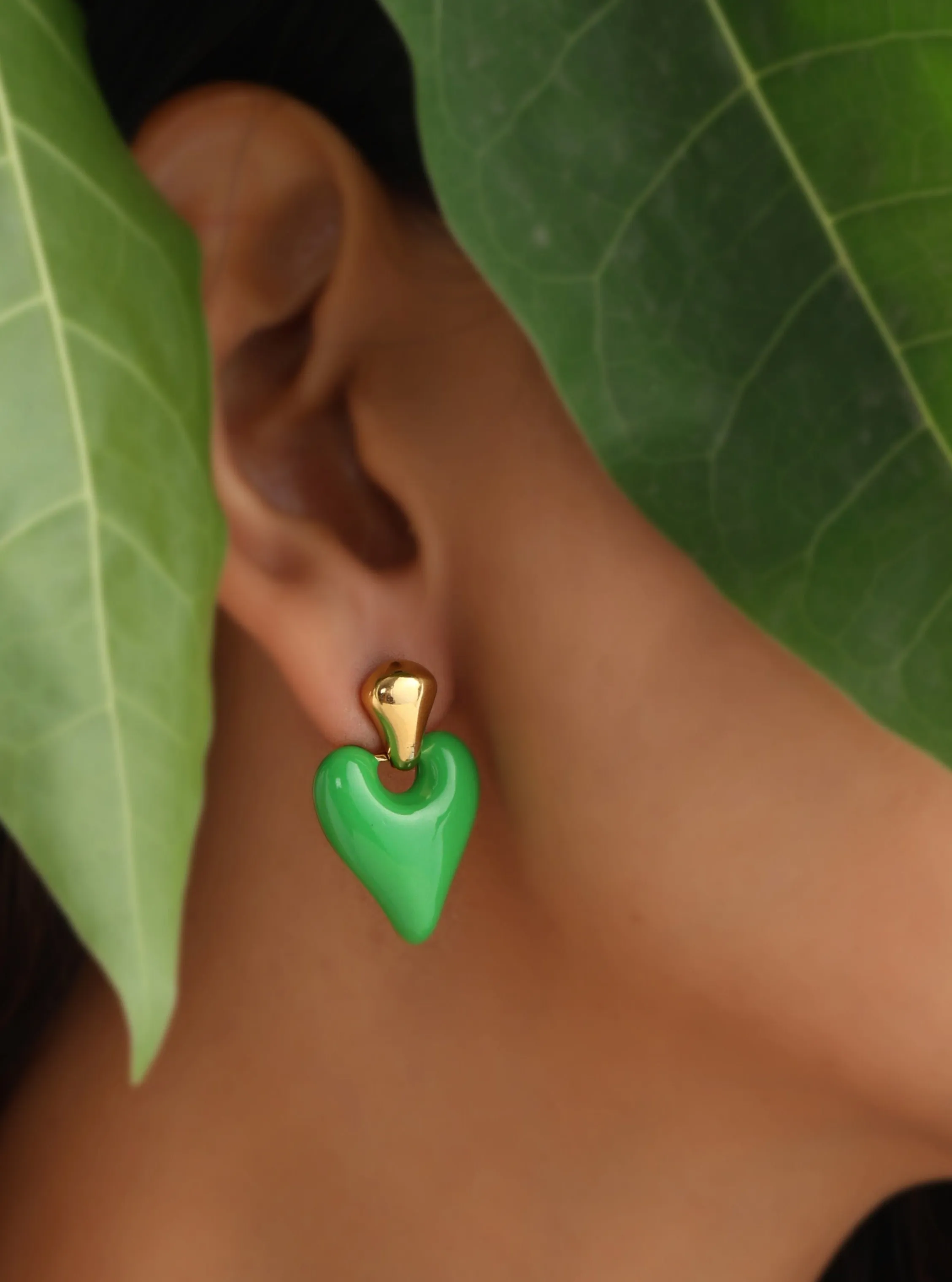 Green Enamel Heart Earrings