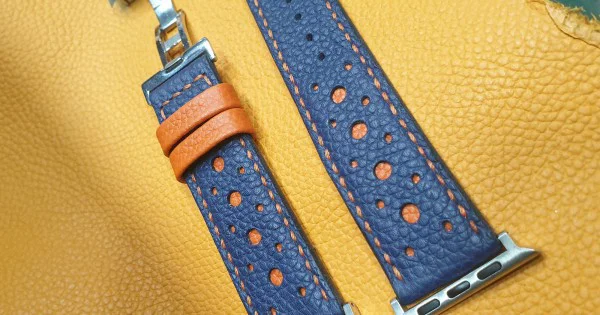 Handmade blue leather apple watch rally strap