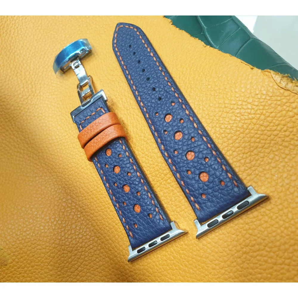 Handmade blue leather apple watch rally strap