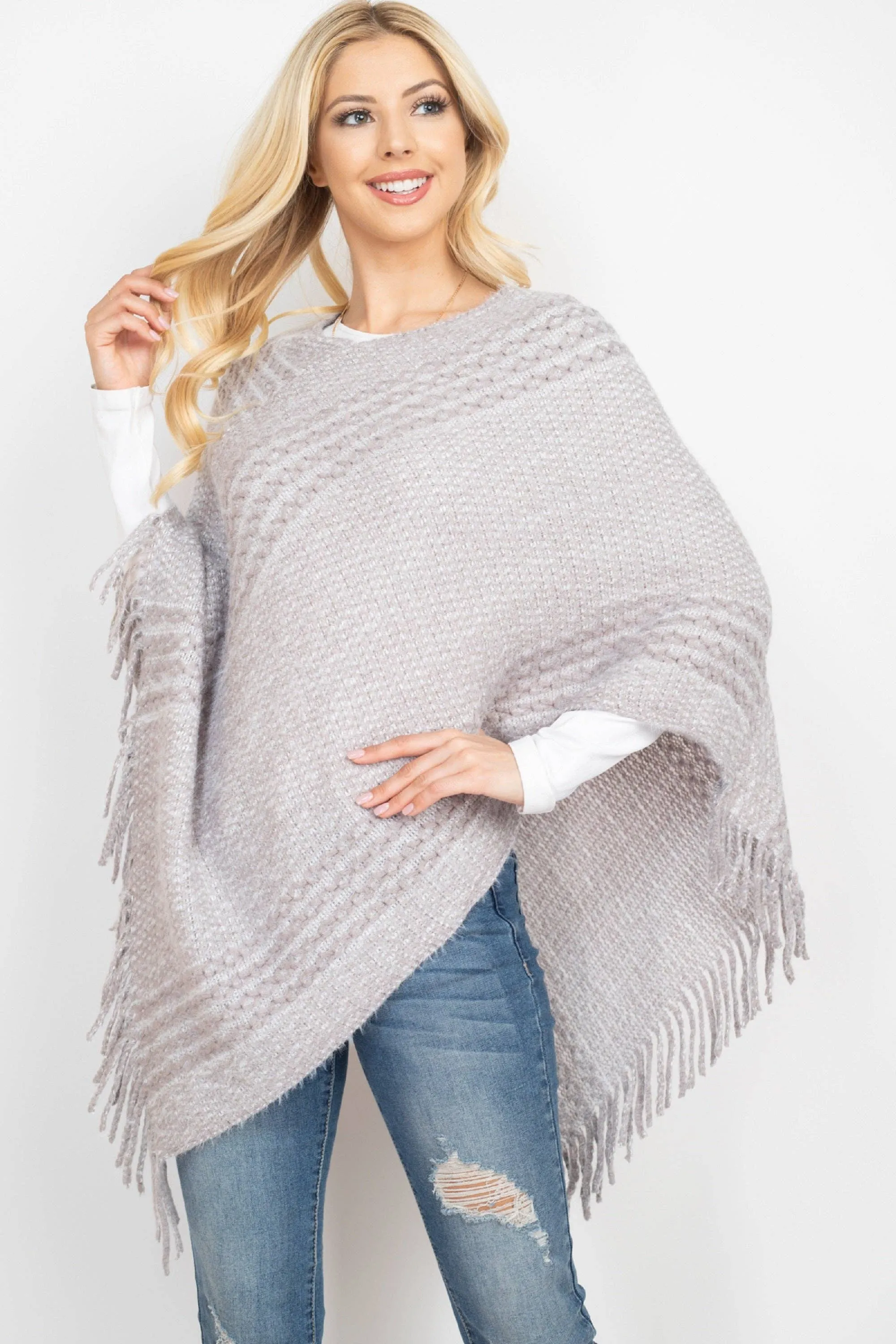 June Knit Fringe Poncho: Ivory