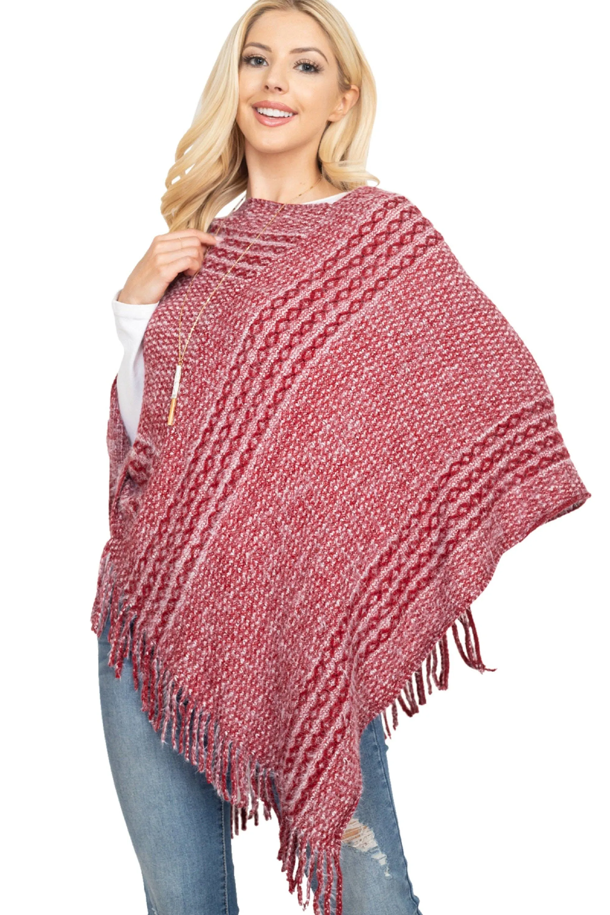 June Knit Fringe Poncho: Red