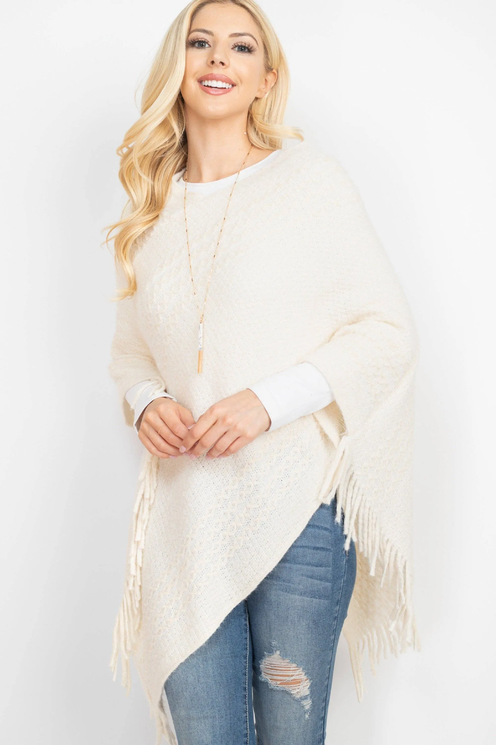 June Knit Fringe Poncho: Red