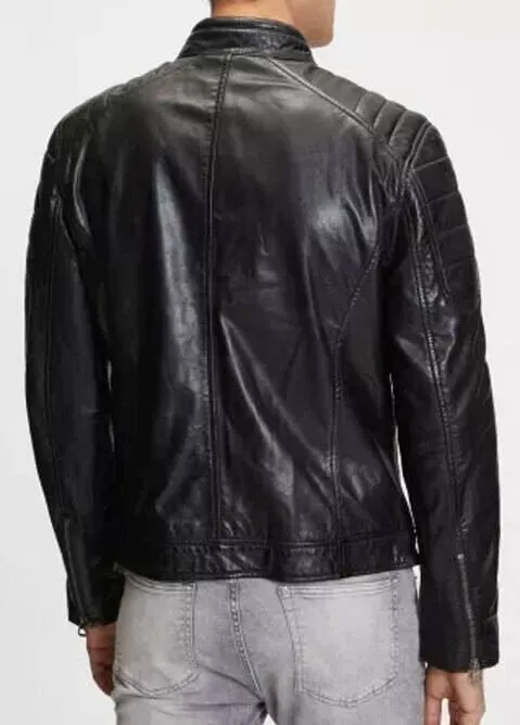 Men's black motorcycle style leather jacket 13197