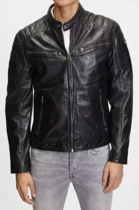 Men's black motorcycle style leather jacket 13197