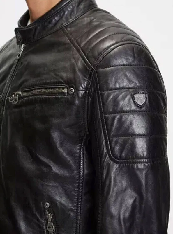 Men's black motorcycle style leather jacket 13197