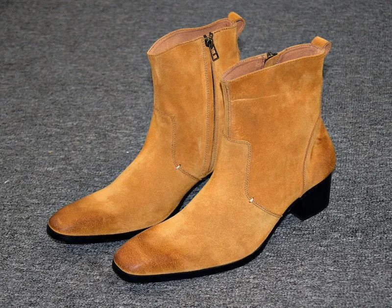 Men's Winter Cowboy Riding Real Suede Leather Med Heel Boots