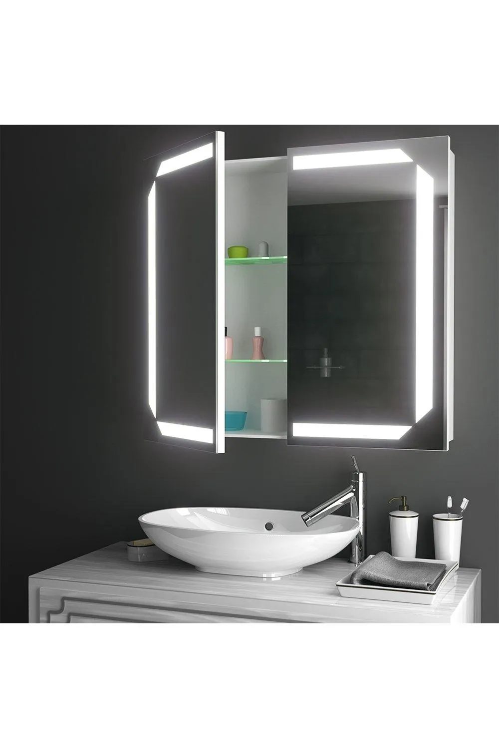 Mirrors | 0-Shaped LED Anti-Fog Double-Door Mirror Cabinet with Sensor Switch and Bluetooth Speaker | Living and Home