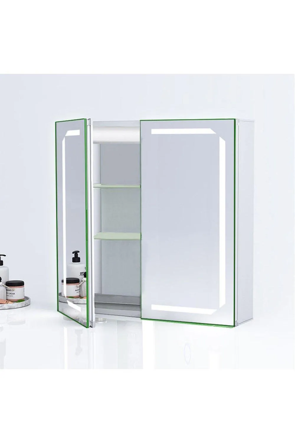 Mirrors | 0-Shaped LED Anti-Fog Double-Door Mirror Cabinet with Sensor Switch and Bluetooth Speaker | Living and Home