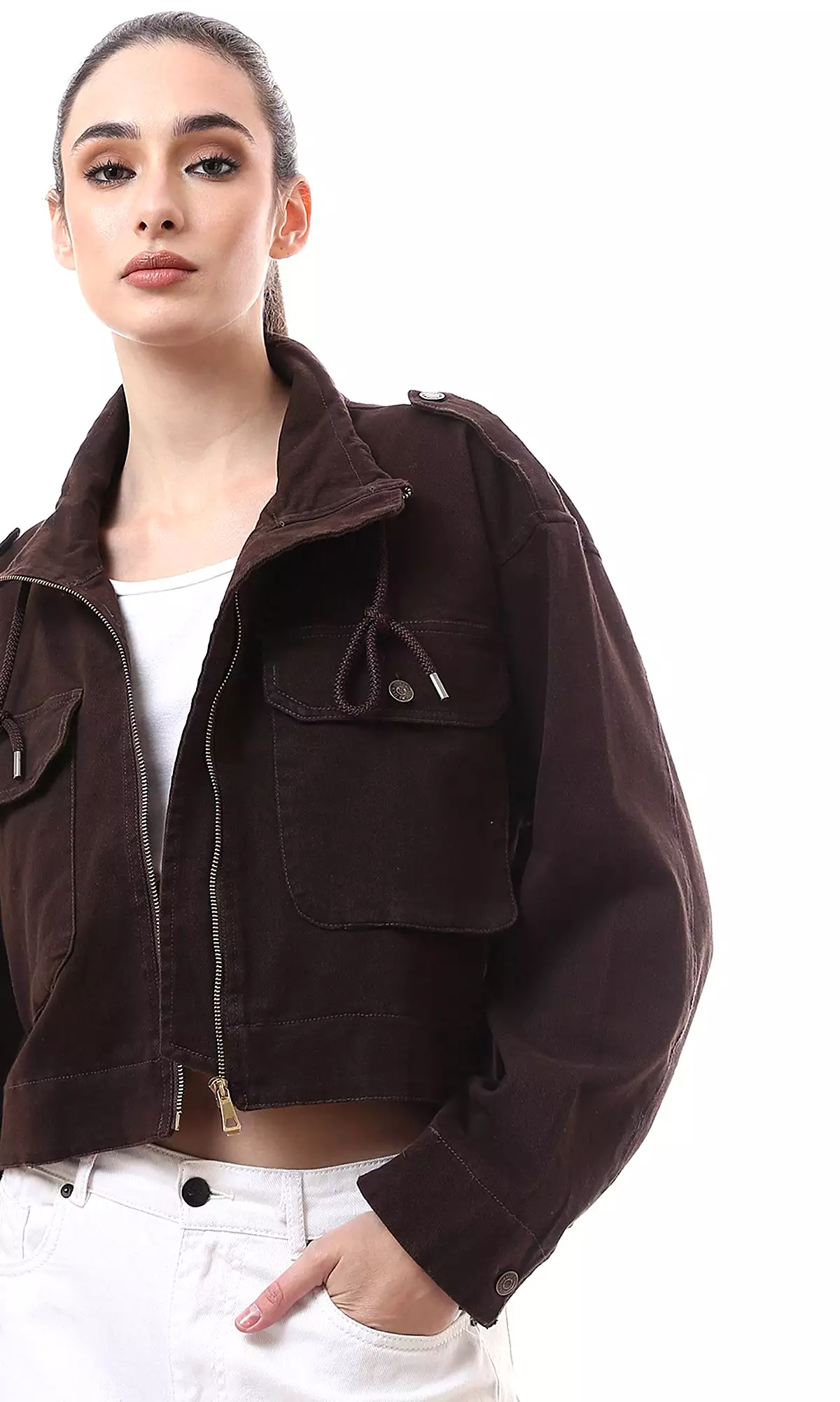 O172031 Dark Brown Short Jacket With Front Pockets