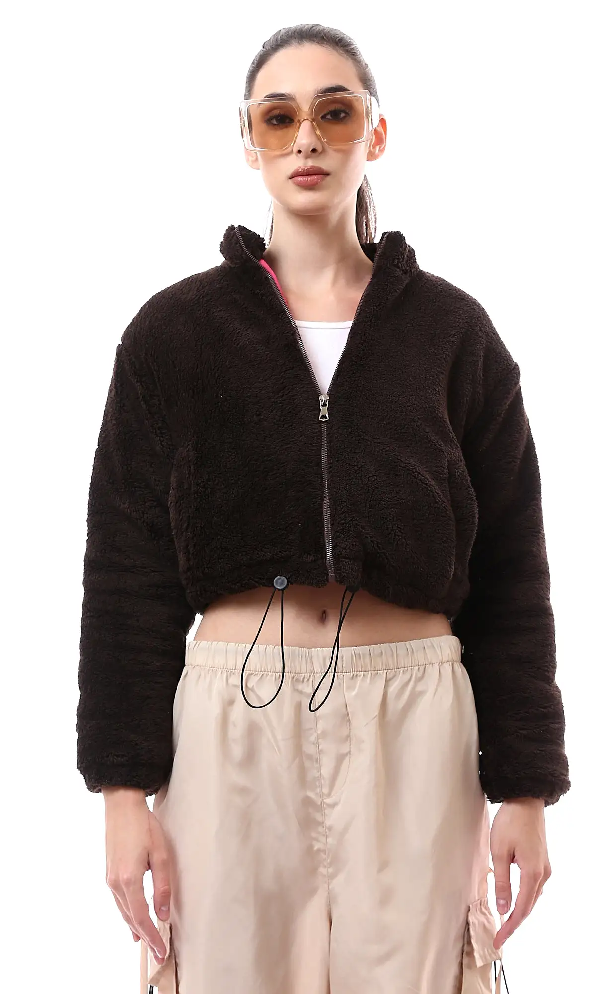 O174171 Burnt Brown Fur Short Jacket With Adjustable Trim