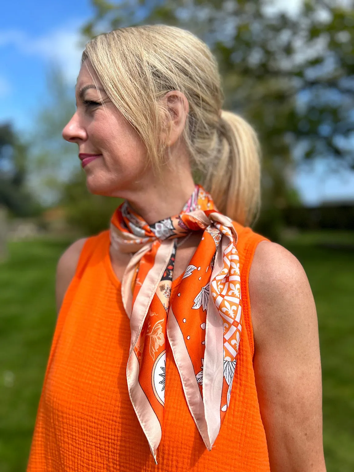 Orange Botanical Silk Style Multi Pattern Scarf