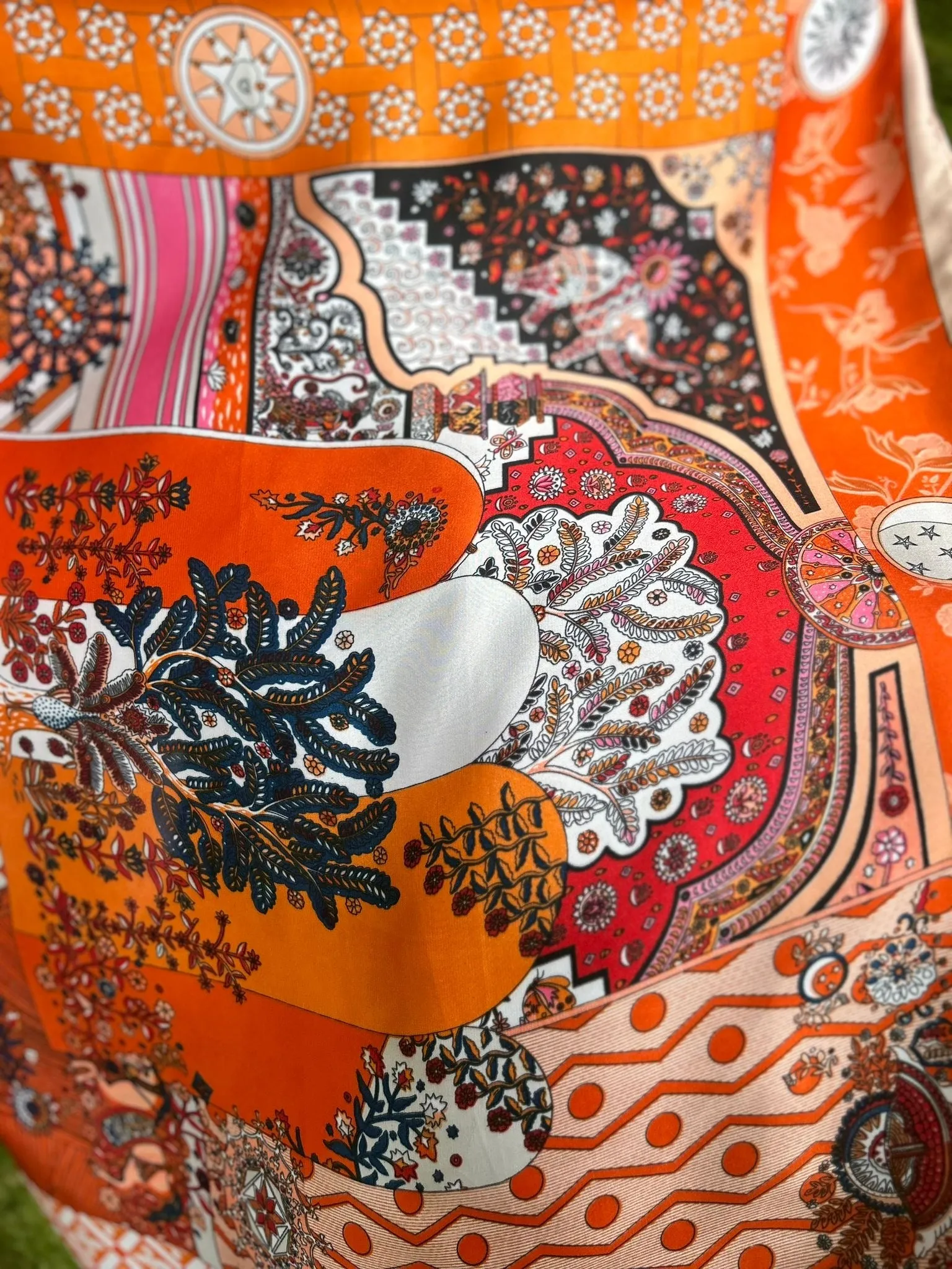 Orange Botanical Silk Style Multi Pattern Scarf