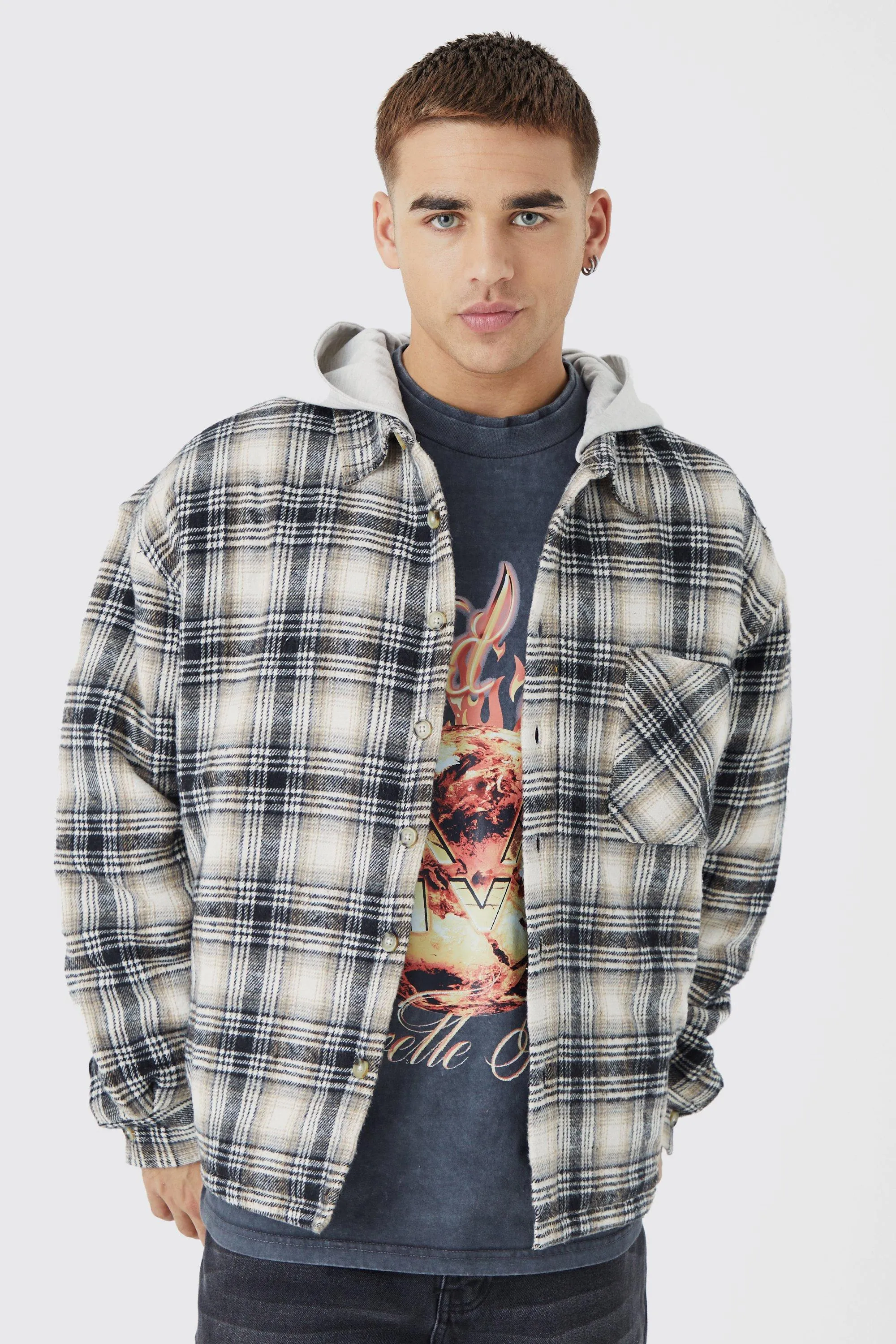 Oversized Detachable Hood Quilted Check Shirt | boohooMAN UK