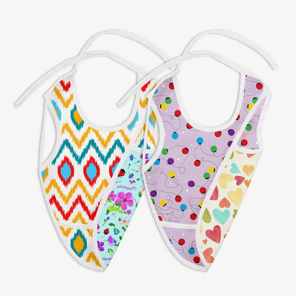 Pack of 2 Waterproof Cloth Bib (Ikat Chevron - Periwinkle + Fairy Lights - Baby Hearts)