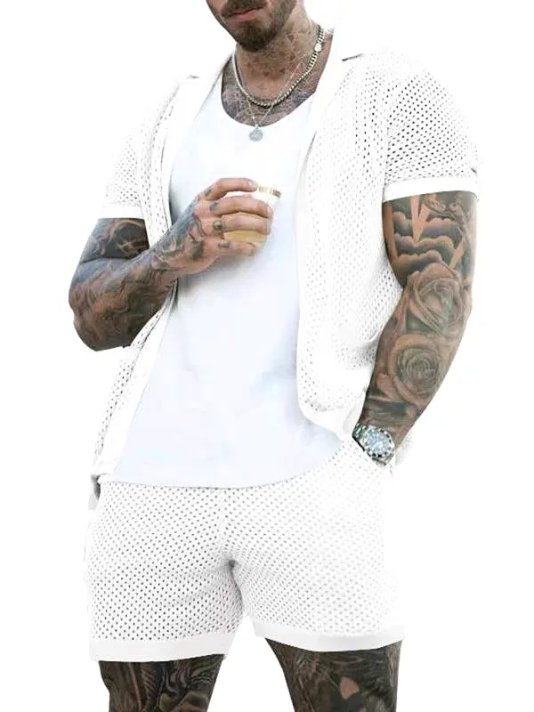 See-Through Short-Sleeved Men Cardigan Outfit Set