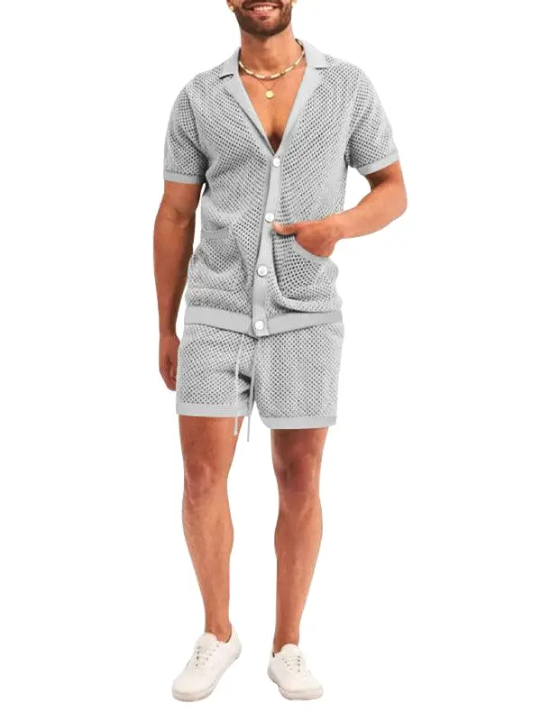 See-Through Short-Sleeved Men Cardigan Outfit Set