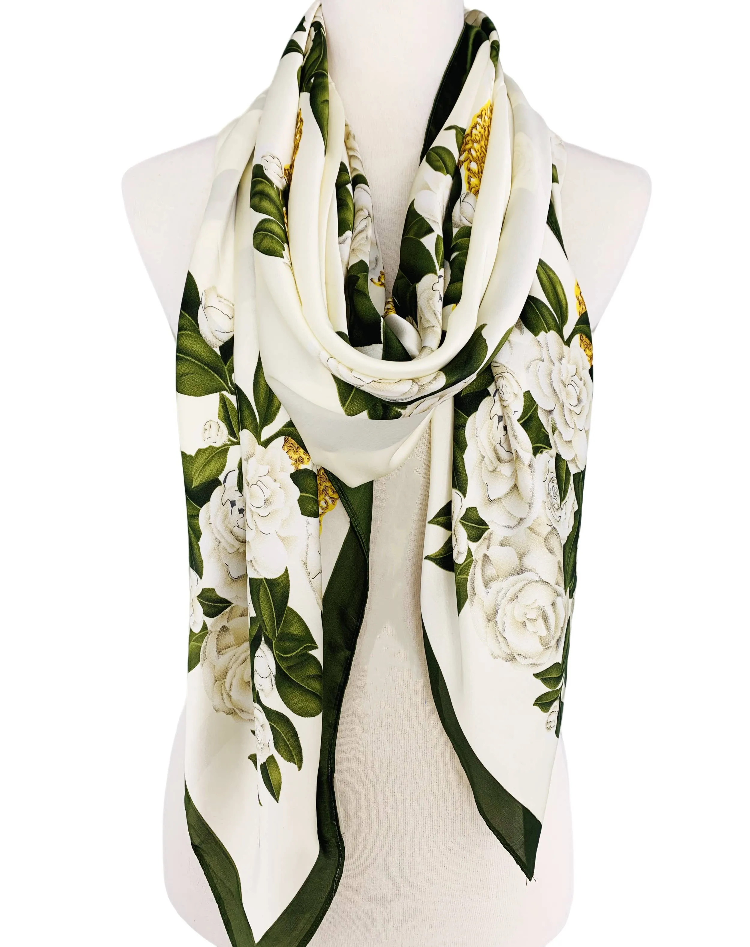 Silk-Feeling White-Green Floral Scarf