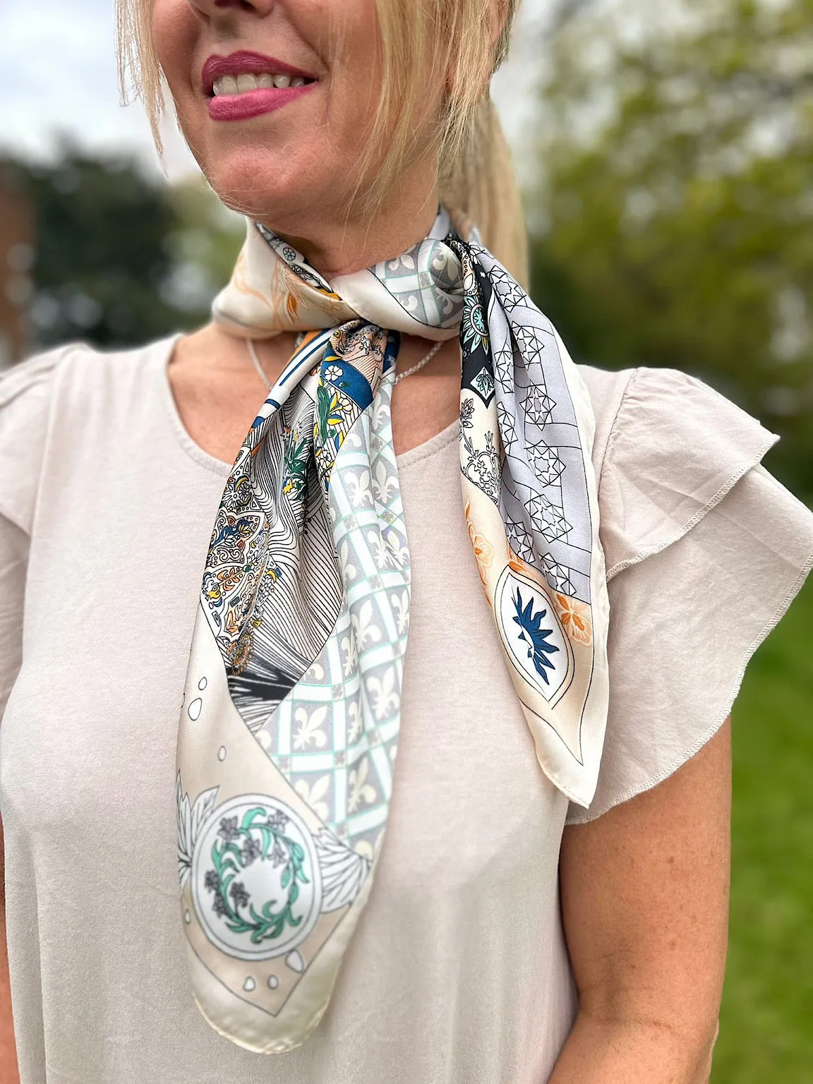 Stone Botanical Silk Style Multi Pattern Scarf