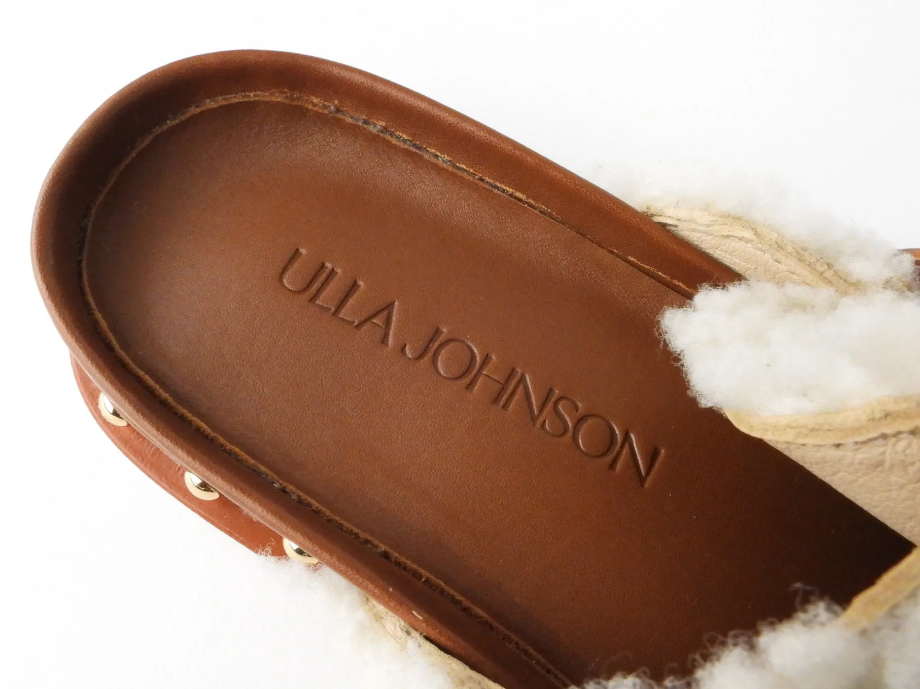 Ulla Johnson Brown Leather and Shearling Studded Platform Mule Slippers - 37