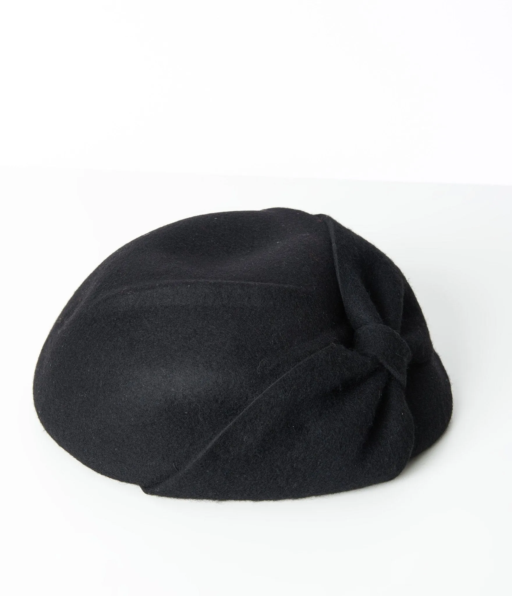 Unique Vintage 1920s Black Wool Felt Bow Beret