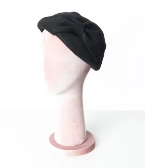 Unique Vintage 1920s Black Wool Felt Bow Beret