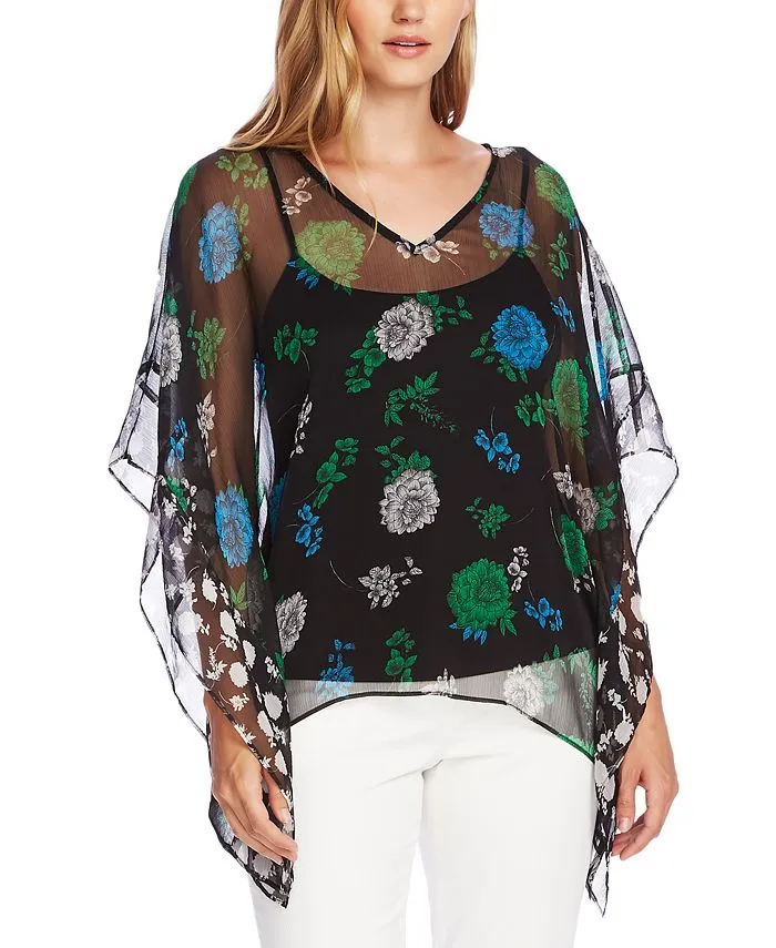 Vince Camuto Women's Floral Lagoon Poncho Top Black Size X-Large